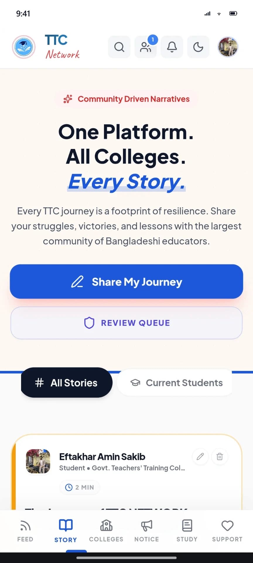 One Platform. All Colleges. Every Story. - TTC Network Stories Mockup